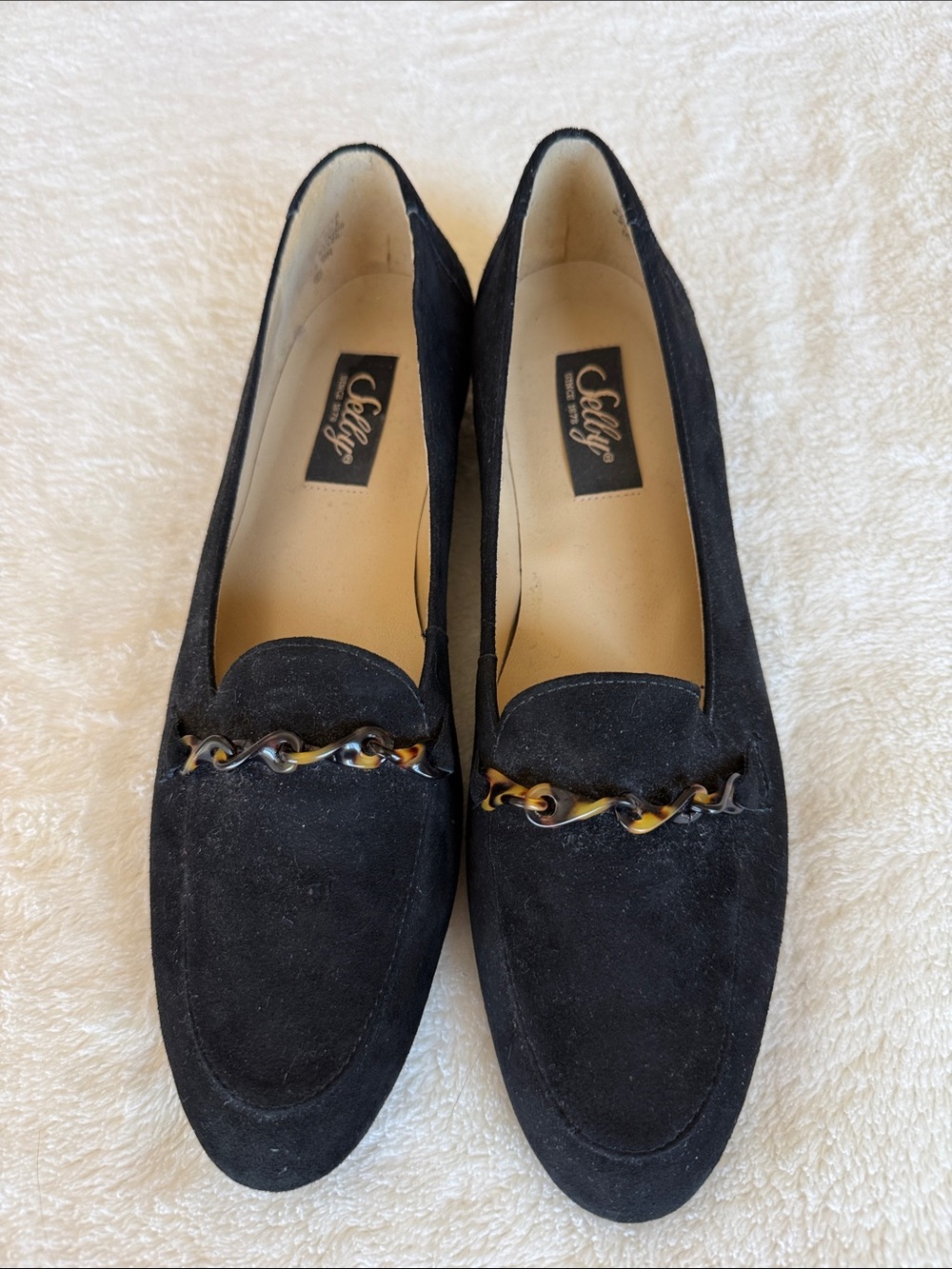 Black Suede Selby  Women's Loafers with Tortoiseshell Chain